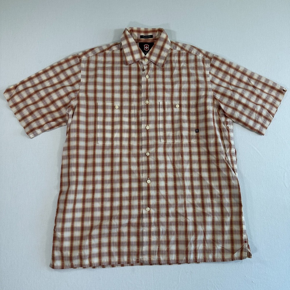 Victorinox Mens Polo Button Up Shirt Beige Red Size Small Extra Fine Cotton